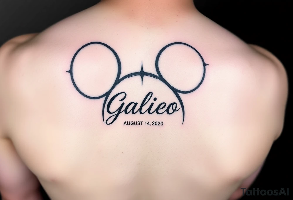mickey mouse symbol with the name Galileo and the date August 14,2020, incorporated tattoo idea