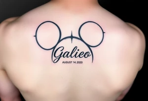 mickey mouse symbol with the name Galileo and the date August 14,2020, incorporated tattoo idea