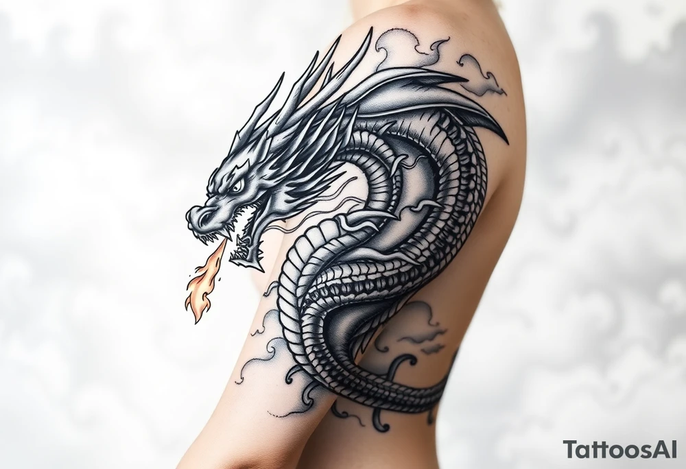 fierce dragon breathing iridescent fire against stormy skies tattoo idea