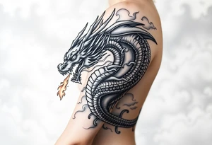 fierce dragon breathing iridescent fire against stormy skies tattoo idea