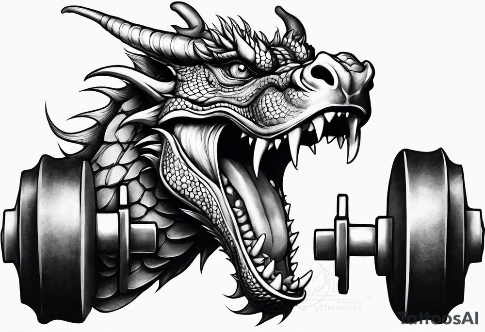 Dragon with dumbbell in mouth tattoo idea