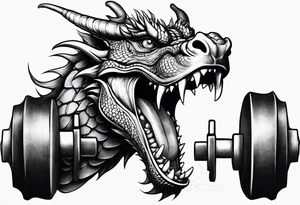 Dragon with dumbbell in mouth tattoo idea