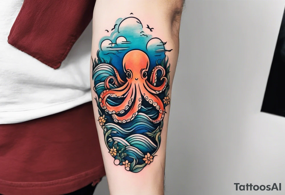 Full sleeve arm tattoo with octopus and sea scene tattoo idea