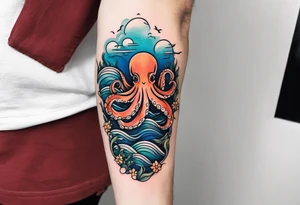 Full sleeve arm tattoo with octopus and sea scene tattoo idea