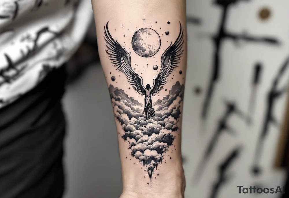 angels with wings standing on clouds looking down upon the world and planets in the background to give it more detail make it a half sleeve to cover up one side of the forearm tattoo idea