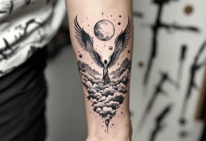 angels with wings standing on clouds looking down upon the world and planets in the background to give it more detail make it a half sleeve to cover up one side of the forearm tattoo idea