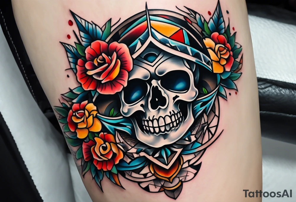 Old school knee tattoo with skulls tattoo idea