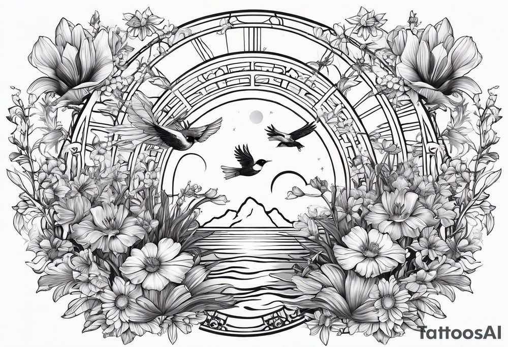 AUM symbol, flying 
sparrow, sunrays, staircase, cosmos, iris, daisy tattoo idea