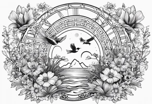 AUM symbol, flying 
sparrow, sunrays, staircase, cosmos, iris, daisy tattoo idea
