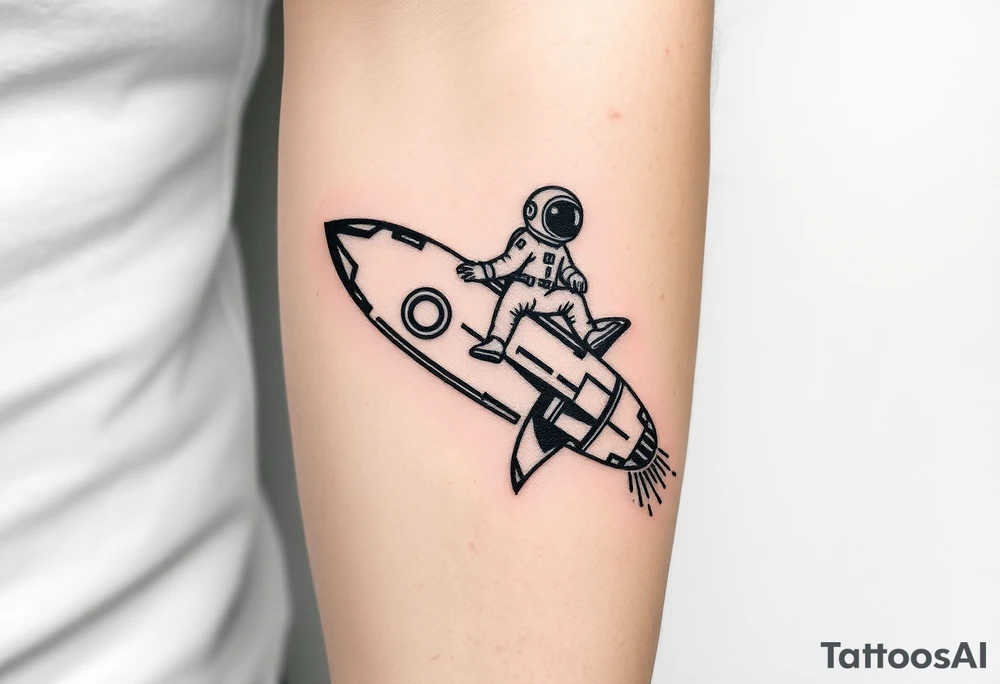 Falling apart rocket ship with sparks coming out the back  with astronaut riding it tattoo idea