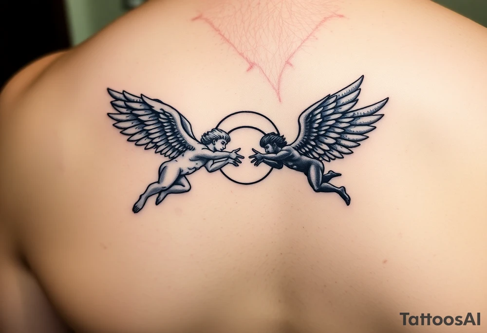 white angel and black angel flying at each other, fighting over a halo tattoo idea