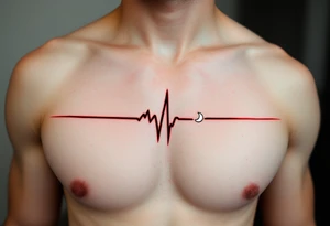 A red and black EKG line across the chest with a small white crescent moon at the peak, symbolizing life's rhythm and mystery. tattoo idea