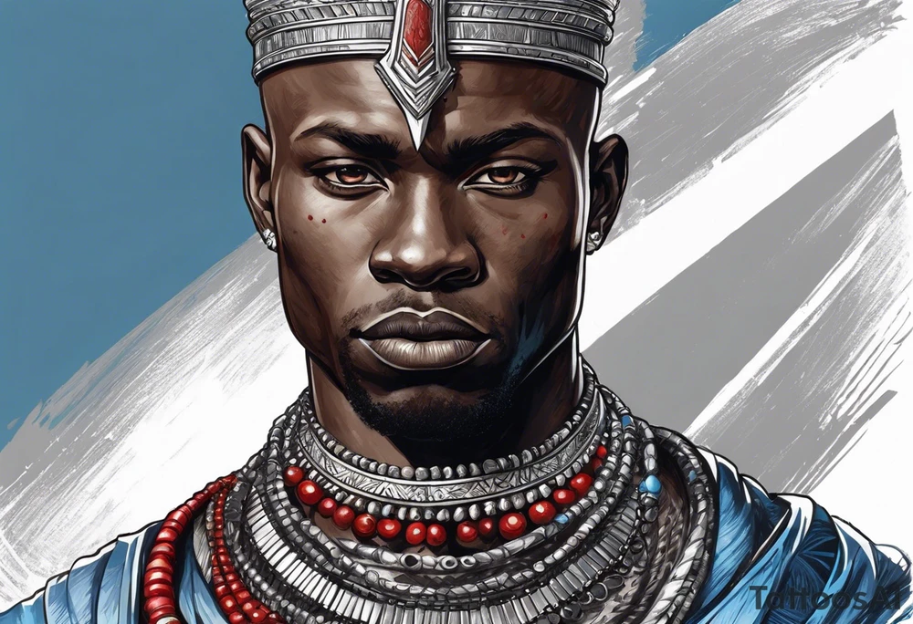 Black-skinned bald african warrior. He wears a simple and small silver crown. He wears two simple necklaces: one blue, other red. tattoo idea