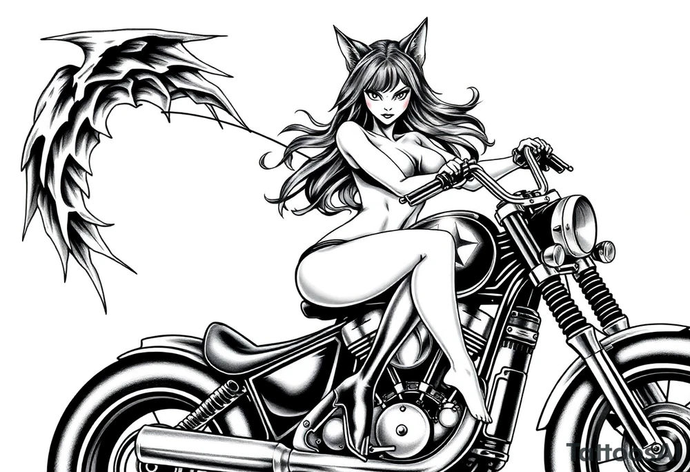 naked catgirl on motorcycle, slut, angry, leather tattoo idea
