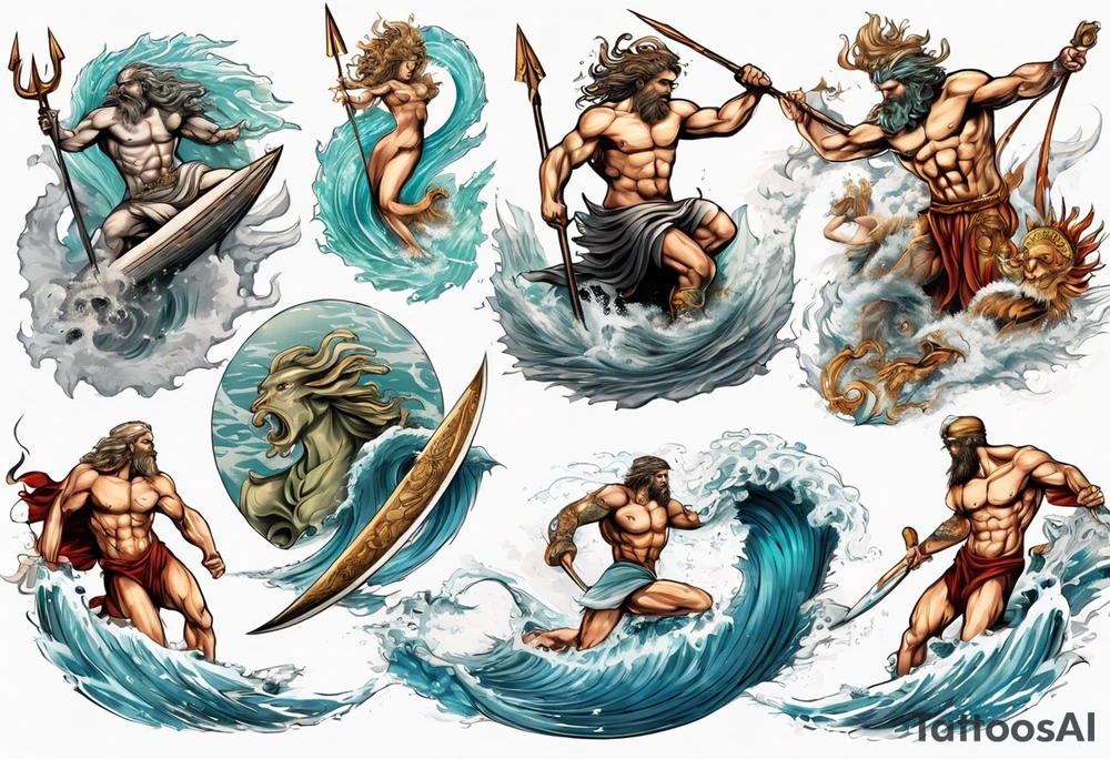 Ancient Greek gods of the sea fighting with surfer  and trident  with other gods tattoo idea