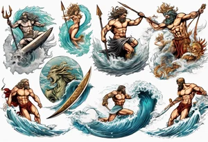Ancient Greek gods of the sea fighting with surfer  and trident  with other gods tattoo idea