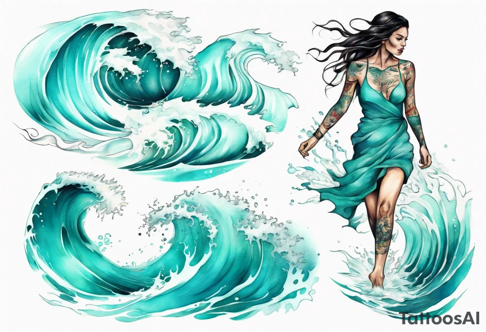 a turquoise water woman walking through crashing waves tattoo idea