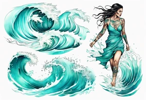 a turquoise water woman walking through crashing waves tattoo idea