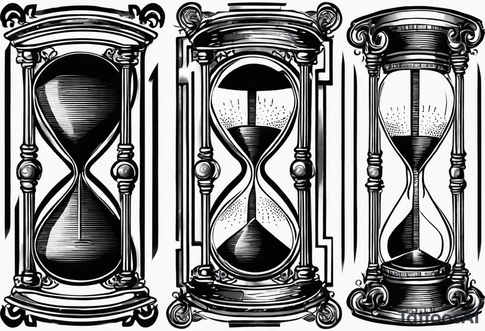 draw a clock/hourglass. They are surrounded by Roman numerals. It is a black and white tattoo for the right shoulder of a man tattoo idea