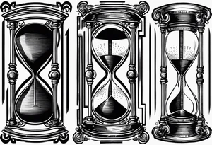 draw a clock/hourglass. They are surrounded by Roman numerals. It is a black and white tattoo for the right shoulder of a man tattoo idea