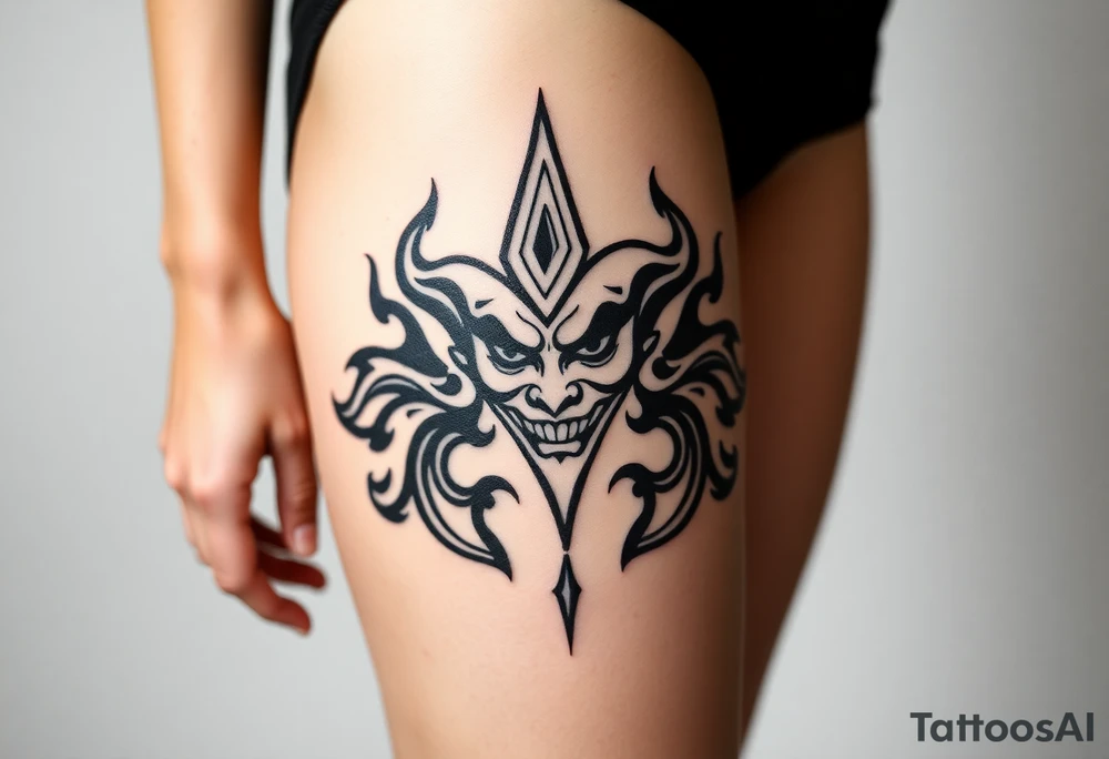 Powerful new age joker surrounded by flames tattoo idea