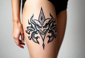 Powerful new age joker surrounded by flames tattoo idea