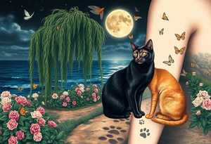 Night time. Ocean.  weeping willow garden with roses and liles flower beds. fantasy creatures, fairies, mermiads, dragons butterflies,  cat paw prints path in dirt. Black cat and orange cat tattoo idea