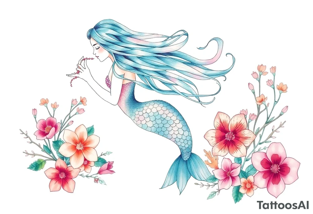 ethereal mermaid with flowing hair among coral and sea flowers tattoo idea