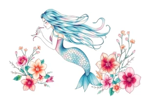 ethereal mermaid with flowing hair among coral and sea flowers tattoo idea