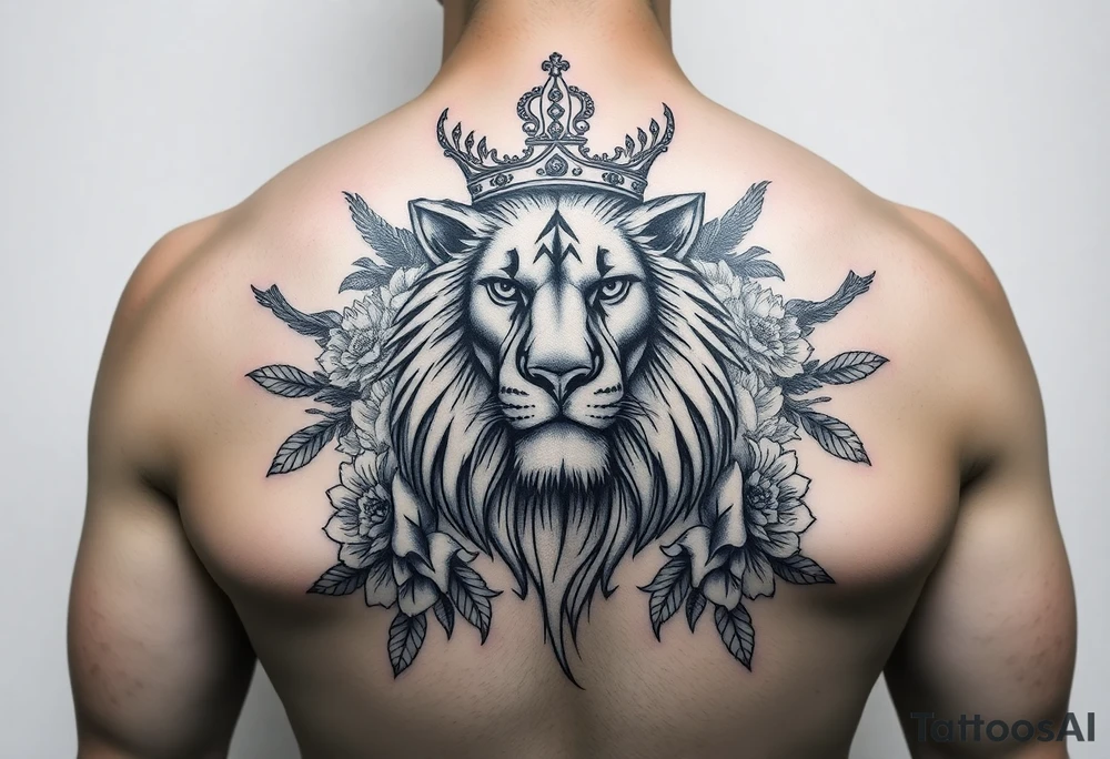 powerful majestic lion with a crown, surrounded by floral ornaments and birds tattoo idea