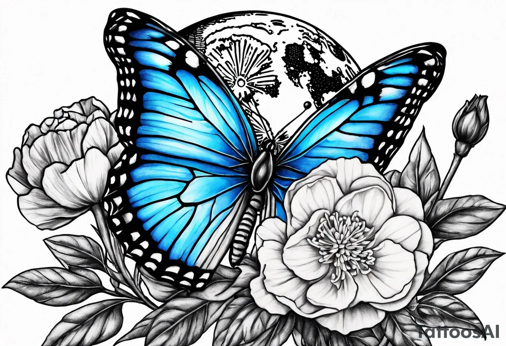 Blue butterfly full moon carnation tattoo idea