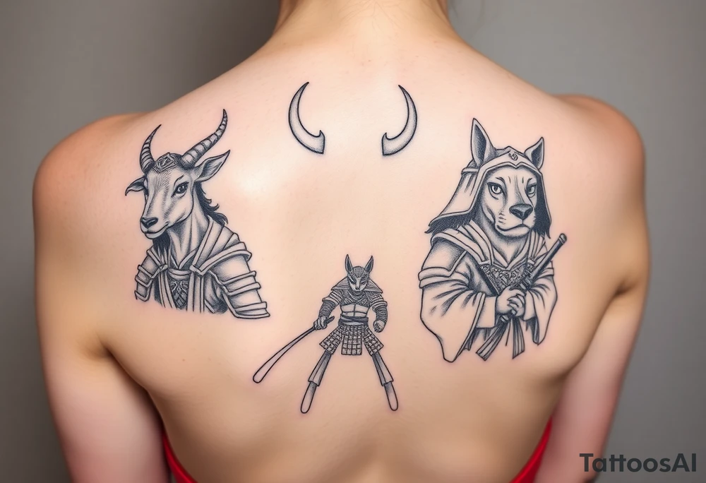 Goat, ox, and dog dressed up as samurai warriors tattoo idea