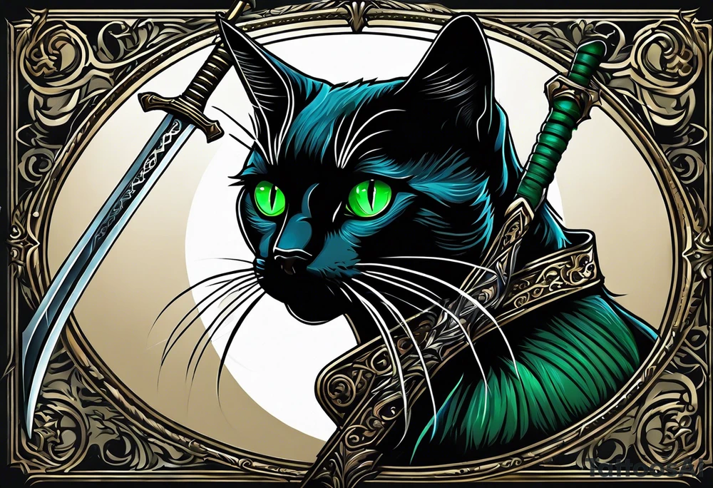 Black cat with green eyes hissing with its tail wrapped around the hilt of a sword tattoo idea