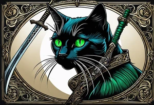 Black cat with green eyes hissing with its tail wrapped around the hilt of a sword tattoo idea