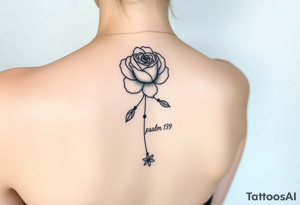Fine line rose flower intertwined with a daisy with the daisy pedals falling down the middle of the back. Also include the words psalm 139 and even there connected to the flowers by dots tattoo idea