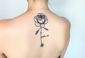 Fine line rose flower intertwined with a daisy with the daisy pedals falling down the middle of the back. Also include the words psalm 139 and even there connected to the flowers by dots tattoo idea