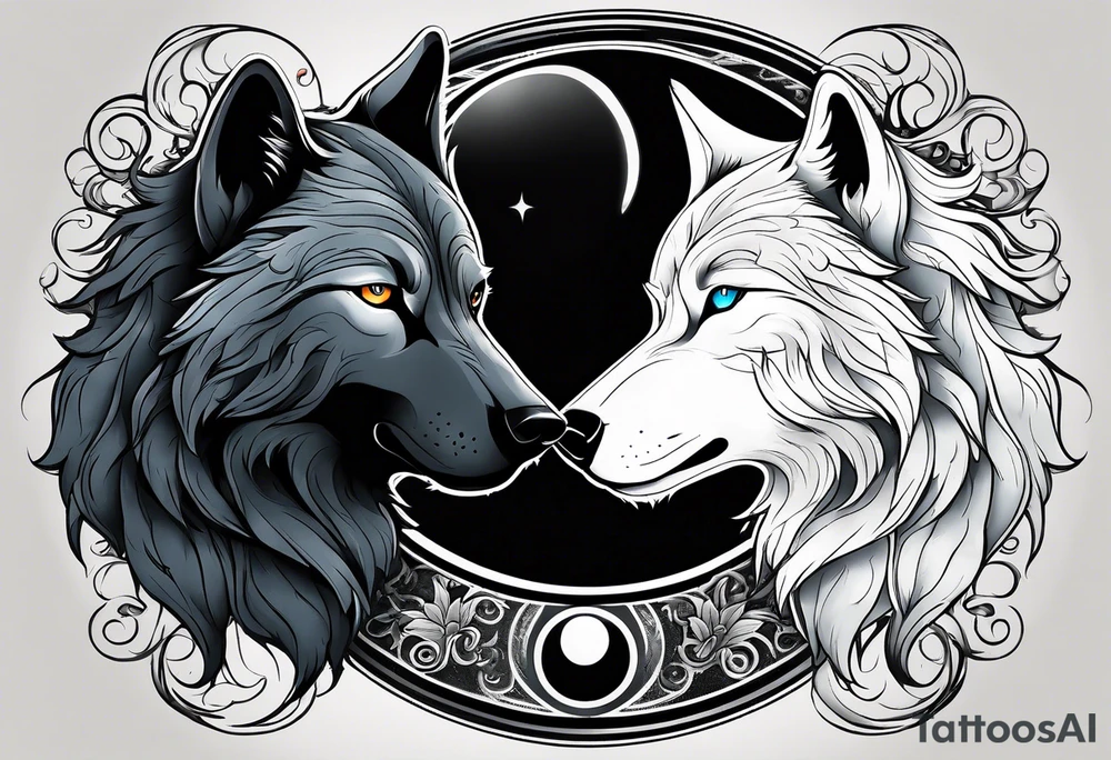 black wolf and white wolf in a ying yang style tattoo idea