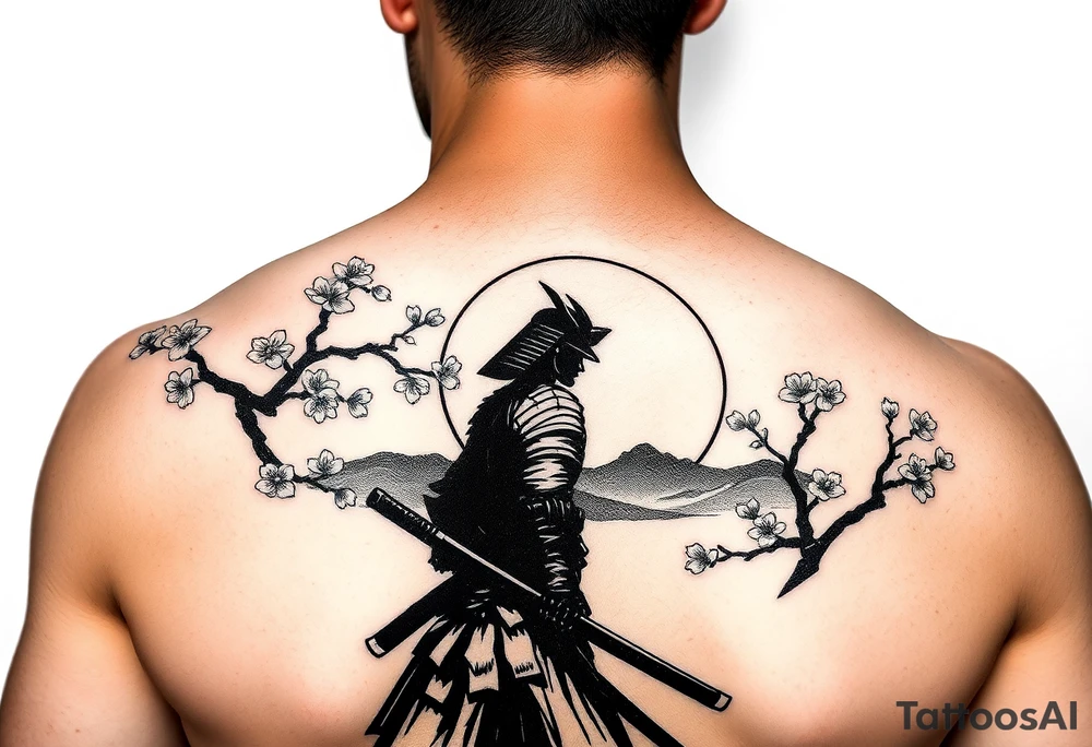 noble samurai warrior silhouette at sunset with cherry blossoms tattoo idea