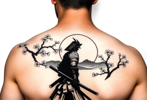 noble samurai warrior silhouette at sunset with cherry blossoms tattoo idea