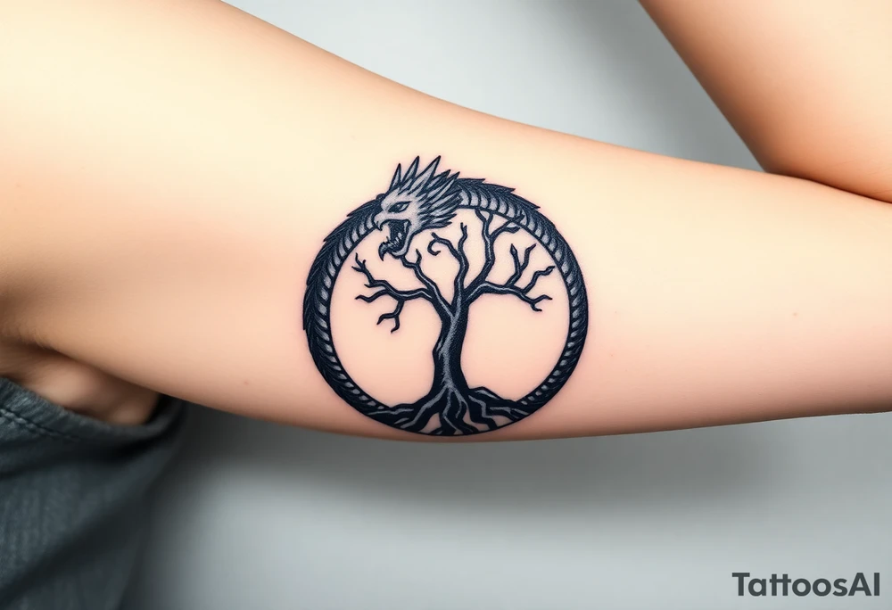a dragon forming a circle with its body.  the dragon encircles the tree of life.  the dragon is eating the tree. the roots of the tree are strangling the dragon tattoo idea