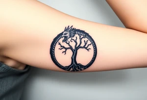 a dragon forming a circle with its body.  the dragon encircles the tree of life.  the dragon is eating the tree. the roots of the tree are strangling the dragon tattoo idea