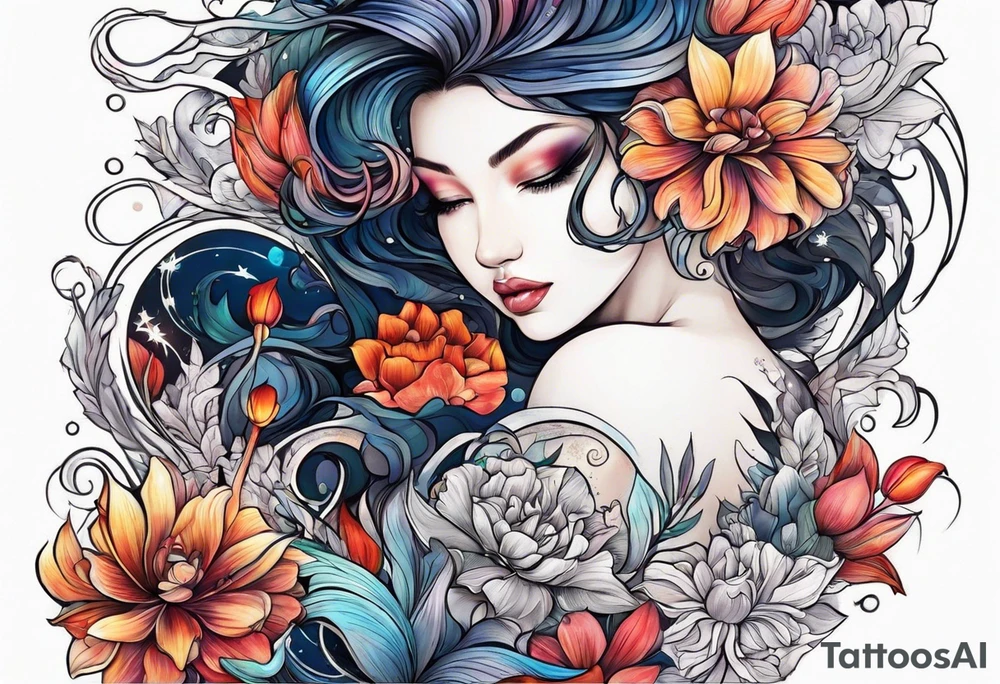 sea,, night, flower, tattoo idea