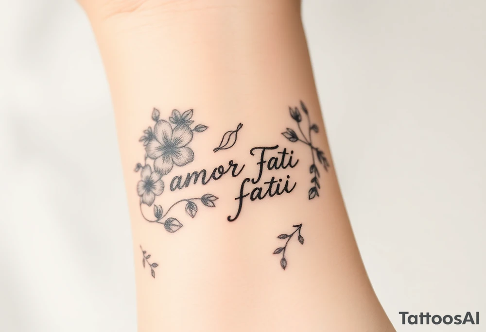 “Amor Fati” flowers colorful and bird tattoo idea