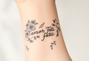 “Amor Fati” flowers colorful and bird tattoo idea