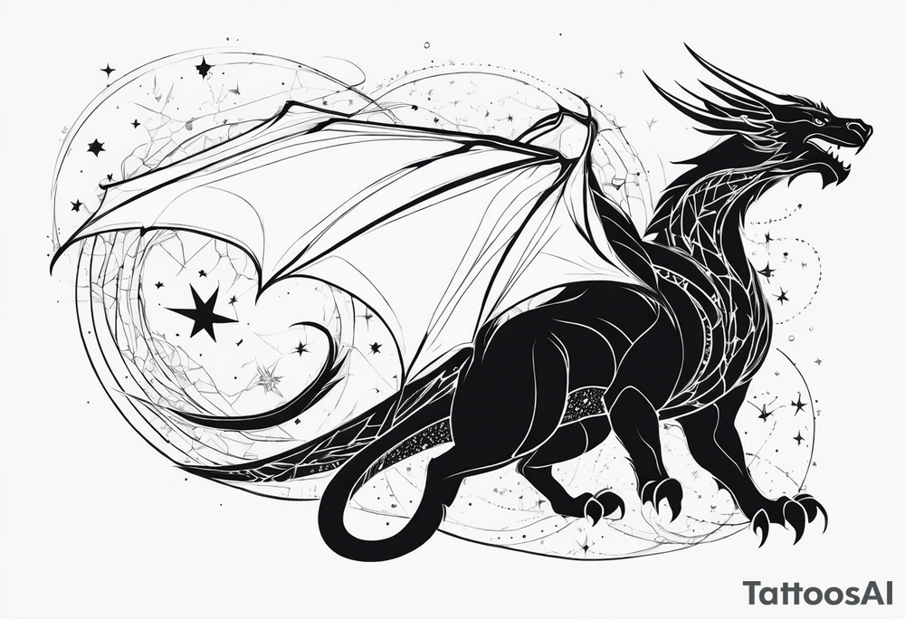 Elegant wyvern with fine lines on the background of the constellation elegant tattoo idea