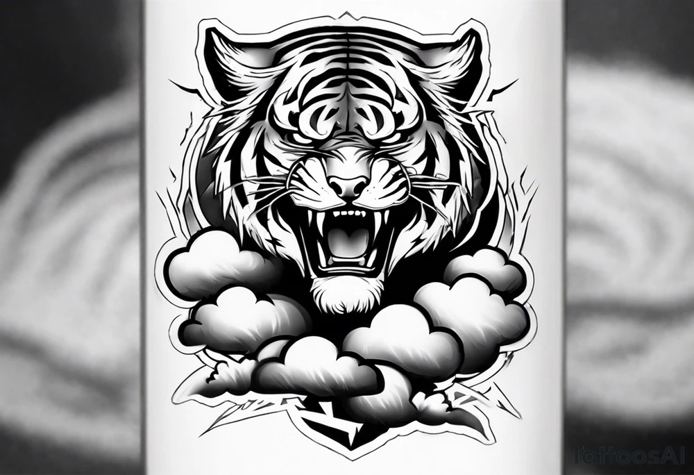 A thundergod tiger forearm sleeve tattoo, with lightning and clouds filling the area tattoo idea