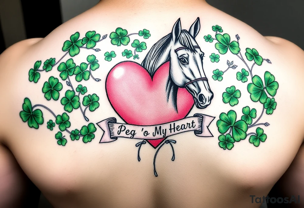 A lot of green shamrocks & a horses with a big Pink heart and a banner across the heart that says Peg 'o My Heart tattoo idea