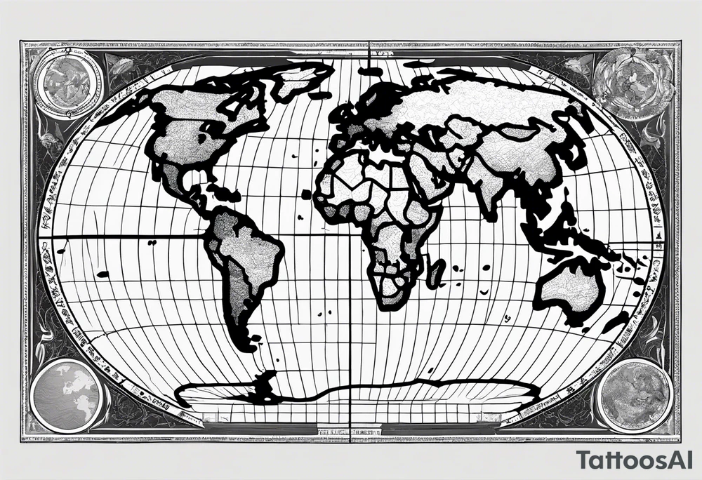 the earth on a flat map with no shading placed on a grid with only the lines with accurate depictions of the borders in countries while having it in an oval/circular position on a grid without any borders on the sides while having the countries not have such bold borders tattoo idea