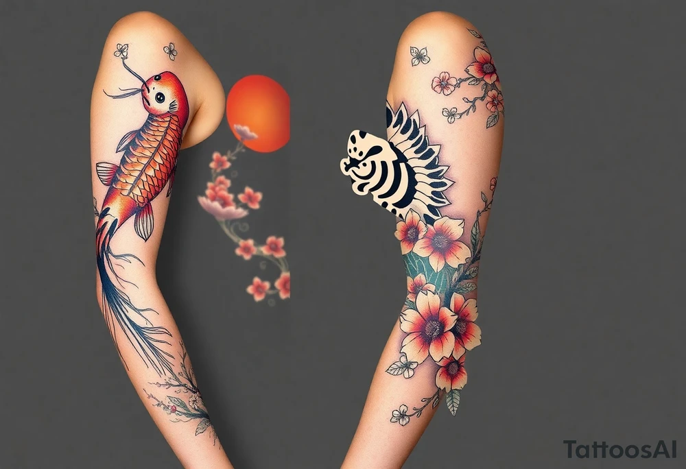 Full arm sleeve, one koi fish, one tiger, the sun, cherry blossom filler, beautiful tattoo idea