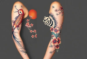 Full arm sleeve, one koi fish, one tiger, the sun, cherry blossom filler, beautiful tattoo idea